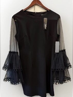 INA Black Dress Sheer Tiered Bell Sleeve NWT Size Large Elegant